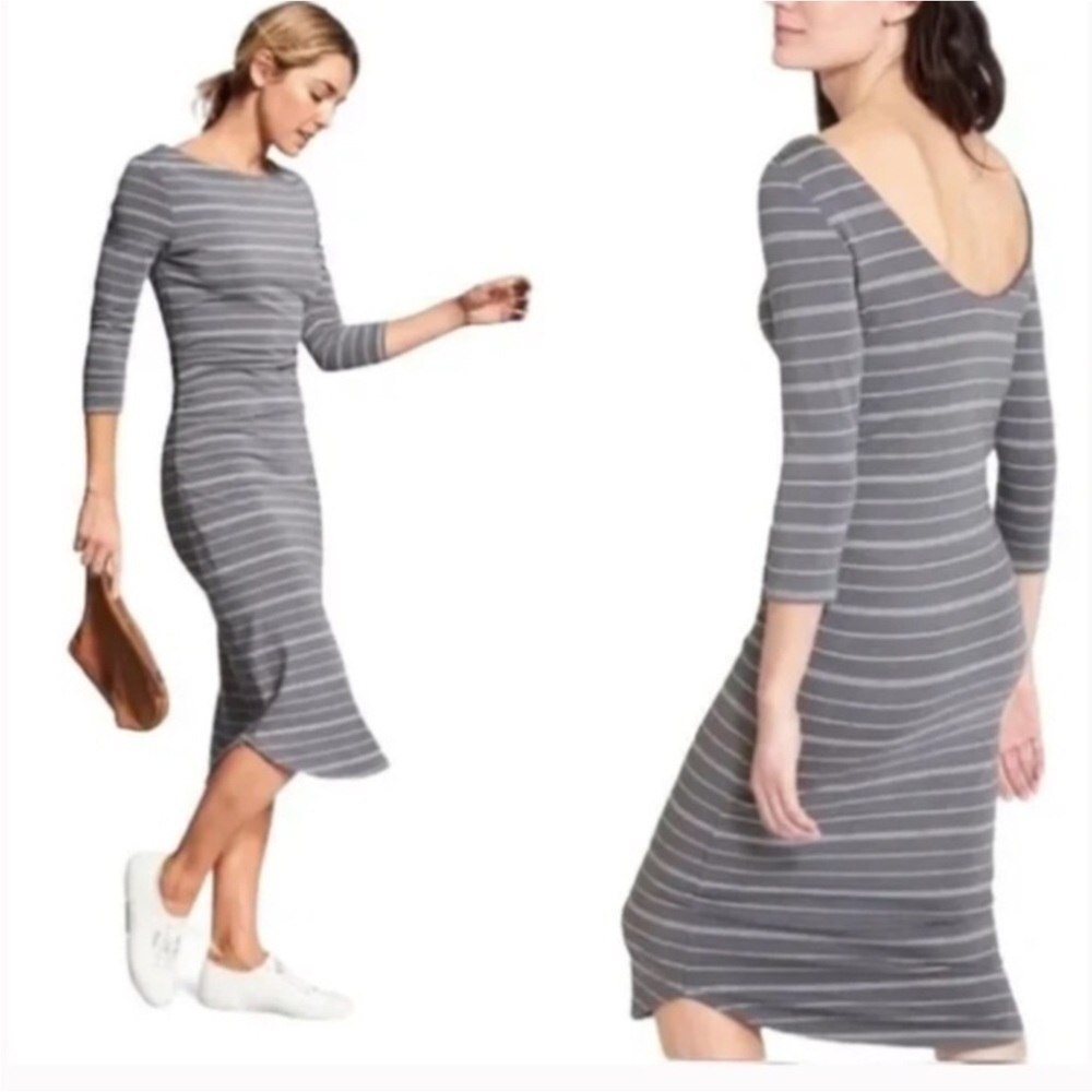 ATHLETA Women’s Large Comeback Midi Dress Grey Stripe Ruched Side & Low U Back